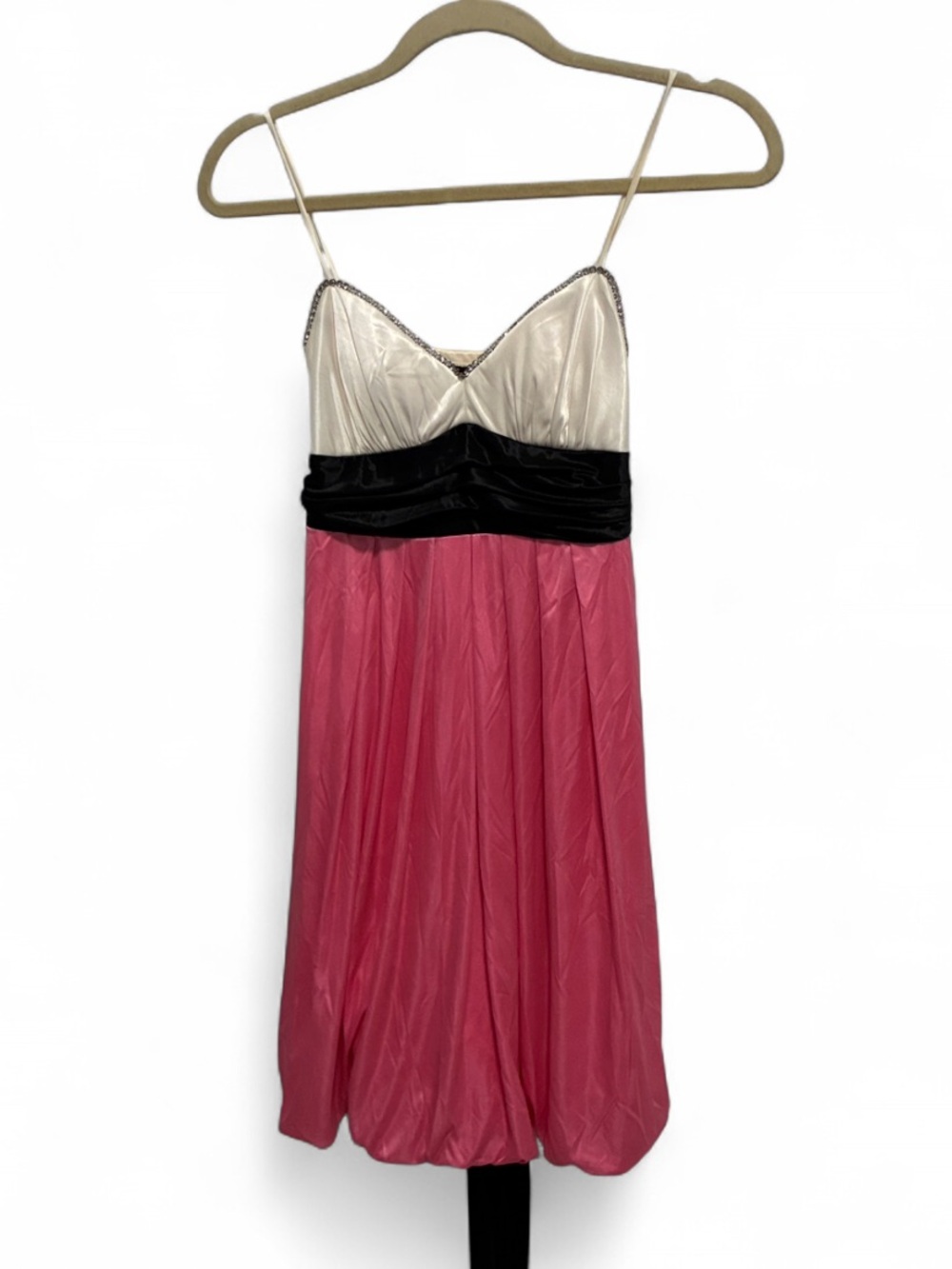 Y2K City Triangles Pink, Ivory & Black Gathered Hem Satin Mini Dress